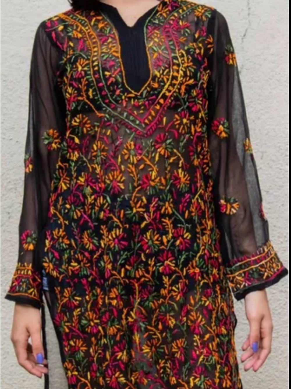 Durga Black Sheer Tunic with Pink, Orange and Green Embroidery kimono